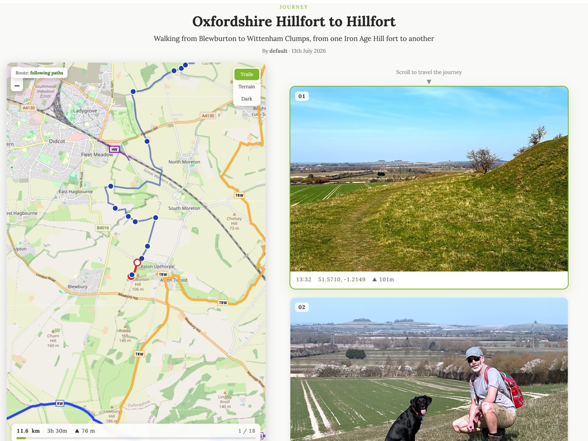 A Journey page - the day's photos beside a living map with the walked route